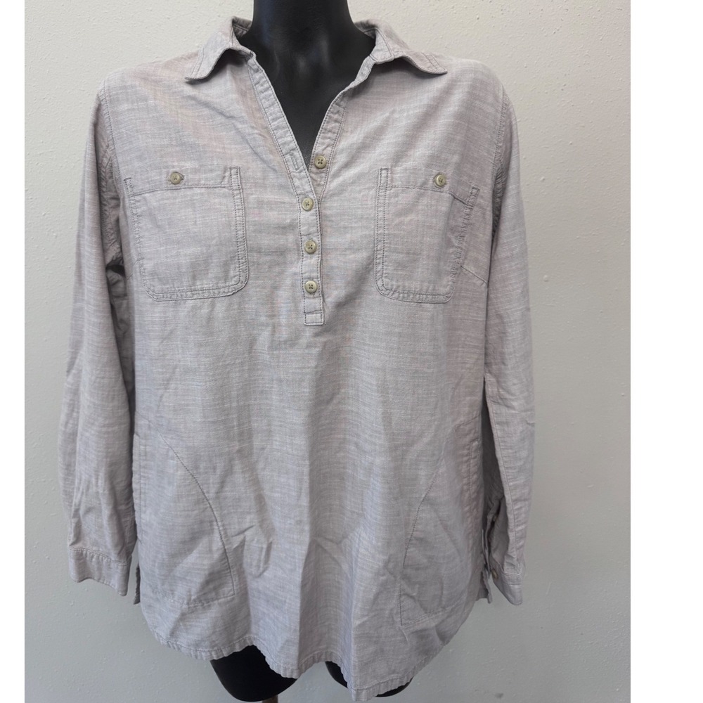 Duluth Trading Co Womens Popover‎ Tunic Sz L Grey Cotton Roll Tab Boho Lagenlook
